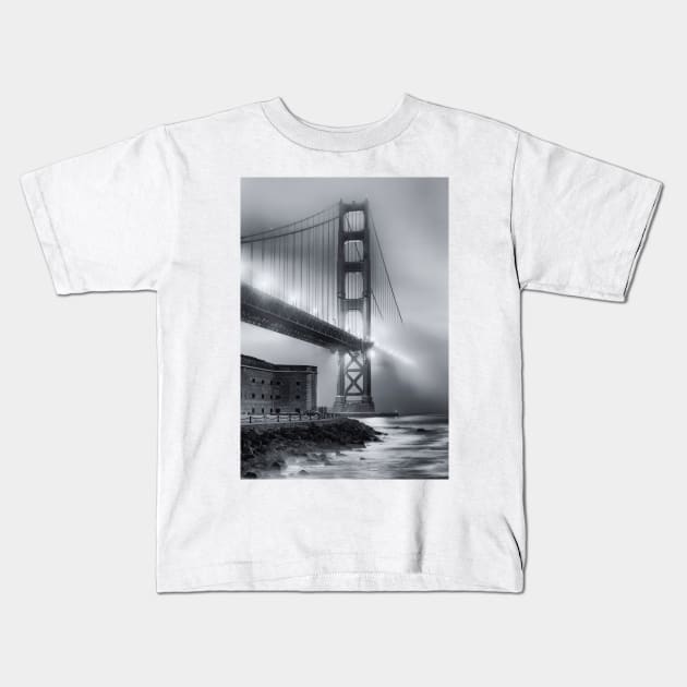 Golden Gate in Fog B+W Kids T-Shirt by jforno